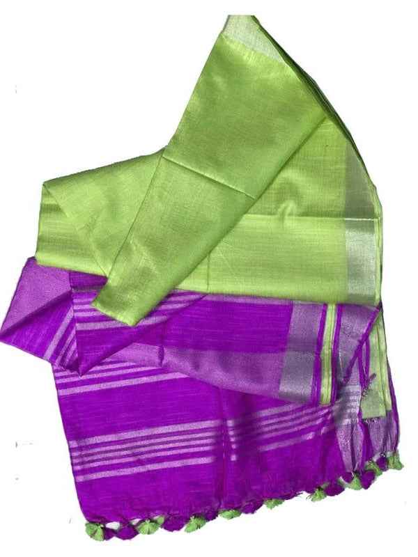 Purple & Light Green women's Ethnic Wear Bhagalpuri Handloom Linen Blend Two Dye Saree With Running Unstitched Blouse Piece - View 2