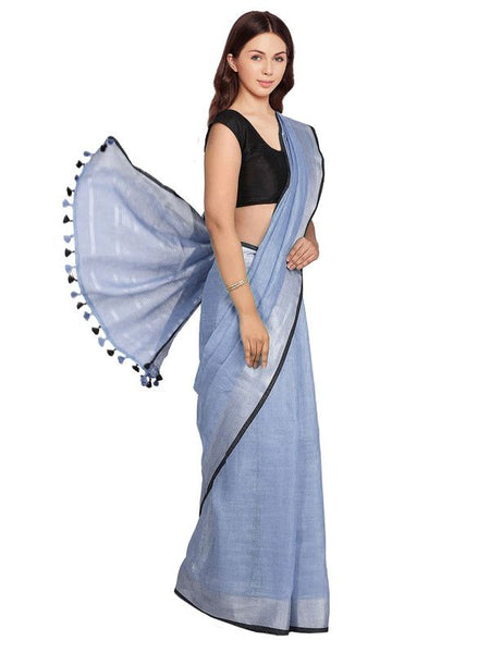 Vista Blue women's Bhagalpuri Blend Linen Saree With Black Pipine Contrast Blouse Piece - View 3