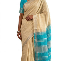 Elegant Linen Cotton Blend Saree for WDS | Cream Saree with Contrast Woven Pallu & Silver Zari Border | Traditional Ethnic Wear - View 3