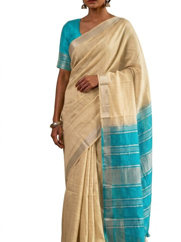 Elegant Linen Cotton Blend Saree for WDS | Cream Saree with Contrast Woven Pallu & Silver Zari Border | Traditional Ethnic Wear - View 3