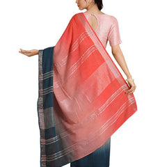 Flame Orange & Cerulean Blue women's Bhagalpuri Handloom Linen Slub Blend Two Dye Saree With Running Unstitched Blouse Piece - View 4