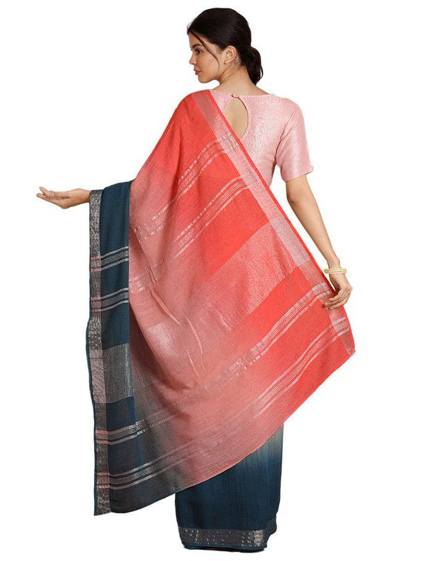 Flame Orange & Cerulean Blue women's Bhagalpuri Handloom Linen Slub Blend Two Dye Saree With Running Unstitched Blouse Piece - View 4