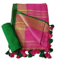 Handloom Bhagalpuri Linen Cotton Blend Contrast Border Saree for Women (12625 Gold-Glaire_Pink-Dark_Green) - View 2
