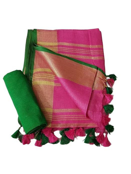 Handloom Bhagalpuri Linen Cotton Blend Contrast Border Saree for Women (12625 Gold-Glaire_Pink-Dark_Green) - View 2