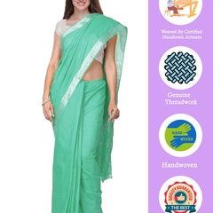 Mint Turquoise women's Handloom Bhagalpuri Cotton Linen Slub Blend Zari Border Saree Ethnic Wear With Running Unstitched Blouse Piece