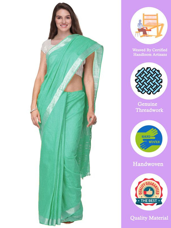 Mint Turquoise women's Handloom Bhagalpuri Cotton Linen Slub Blend Zari Border Saree Ethnic Wear With Running Unstitched Blouse Piece