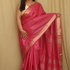 Bhagalpuri Linen Cotton Blend Check Saree with Contrast Blouse Piece
