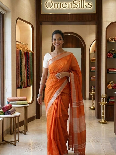 Handwoven Linen Blend Saree With Running Blouse Piece(Orange)