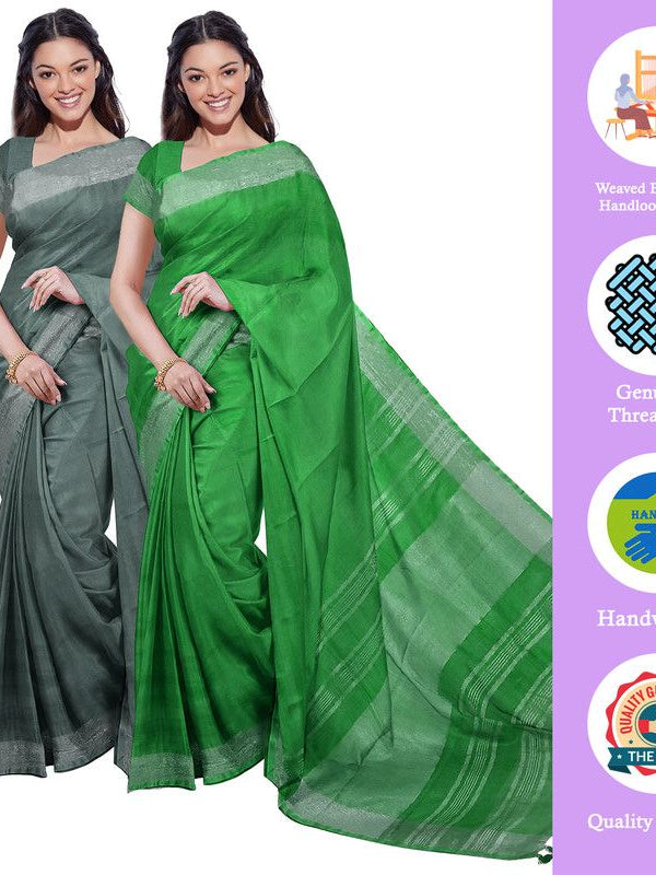 Hookers' Green & Pigment Green women's Bhagalpuri Handloom Cotton-Linen Blend Saree Combo (Pack Of 2) With Running Unstiched Blouse Piece - View 2