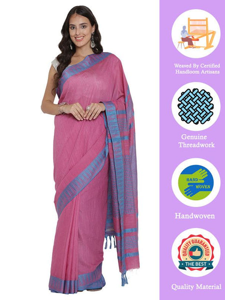 Blush Pink women's Bhagalpuri Handloom Kota Silk Temple Border Saree And Variation Of Colors With Striped Blouse Piece - View 2