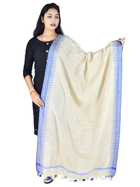 Bhagalpuri Linen Textured Blue Temple Border Handloom Dupatta - View 2