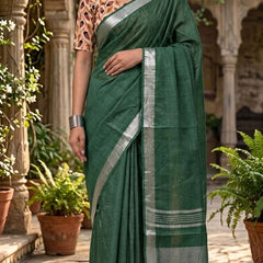 Handwoven Linen Blend Saree With Running Blouse Piece(Bottle Green) - View 2