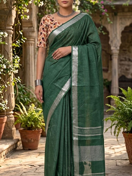 Handwoven Linen Blend Saree With Running Blouse Piece(Bottle Green) - View 2