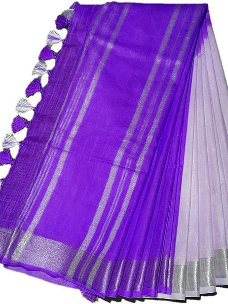 Electric Purple women's Bhagalpuri Linen-Slub Blend Two Dye Saree With Blouse Piece