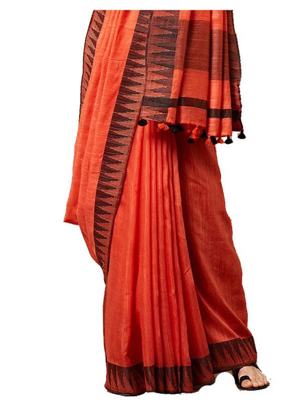 Tangelo Orange women's Bhagalpuri Handloom Kota Silk Temple Border Saree And Variation Of Colors With Striped Blouse Piece - View 2