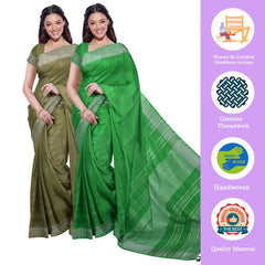 Moss Green & Pigment Green women's Bhagalpuri Handloom Cotton-Linen Blend Saree Combo (Pack Of 2) With Running Unstiched Blouse Piece - View 2