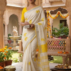 Handwoven Bhagalpuri Linen Blend Embroidered Saree With Contrast Blouse Piece(White_Yellow) - View 4