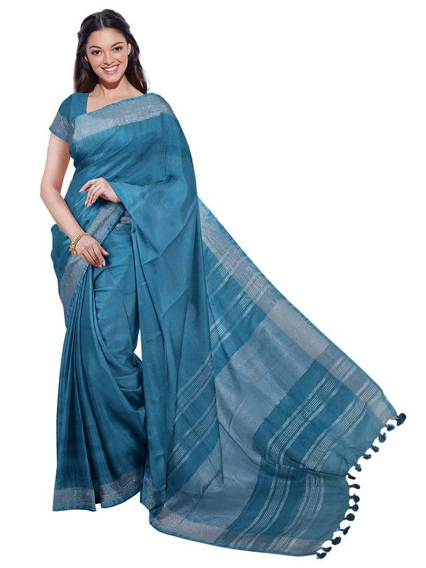 Cerulean Blue & Sienna Orange women's Bhagalpuri Handloom Cotton-Linen Blend Saree Combo (Pack Of 2) With Running Unstitched Blouse Piece - View 3