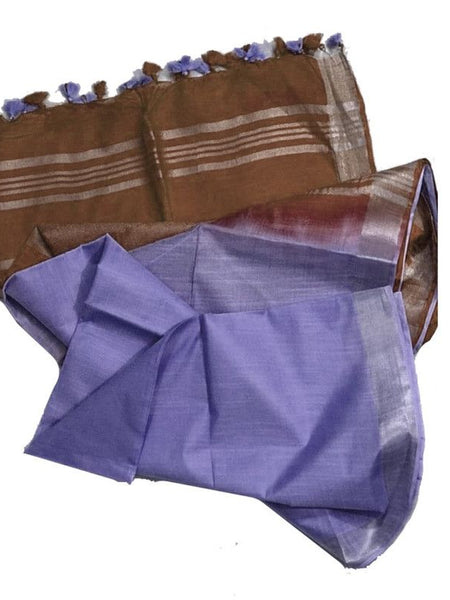Chocolate Brown & Periwinkle Purple women's Ethnic Wear Bhagalpuri Handloom Cotton Linen Blend Two Dye Saree With Running Unstitched Blouse Piece - View 4
