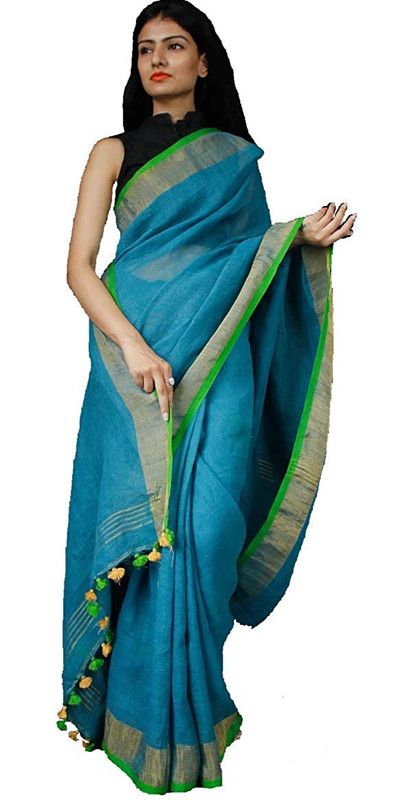 Cyan-Green women's Handloom Bhagalpuri Linen Cotton Blend Saree Ethnic Wear With Contrast Unstitched Blouse Piece - View 6