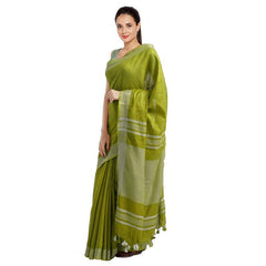 Moss Green women's Bhagalpuri Handloom Blend Linen-Cotton Saree With Running Unstiched Blouse Piece_Free Size_Variation Of Colors