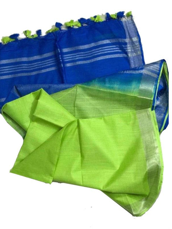 Cobalt Blue & Parrot Green women's Ethnic Wear Bhagalpuri Handloom Cotton Linen Blend Two Dye Saree With Running Unstitched Blouse Piece - View 3