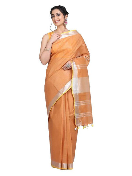 Linen Cotton Blend Contrast Handloom Bhagalpuri Saree (Taceoi_Brown-Yellow)