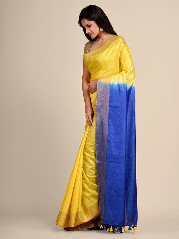 Bhaglpuri Handloom Tussar Silk Munga Blend Canary Yellow & Bayie Blue Saree for women's - View 3