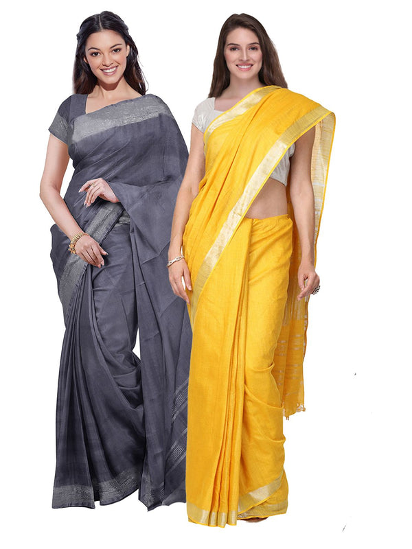 Grey & Yellow women's Bhagalpuri Handloom Cotton-Linen Blend Saree Combo (Pack Of 2) With Running Unstitched Blouse Piece
