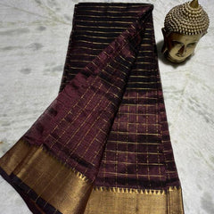 Cotton Silk Handloom Bhagalpuri Wide Border Check Saree (Gold-Coffee_Brown)