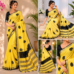 Handwoven Bhagalpuri Linen Blend Embroidered Saree With Contrast Blouse Piece(Yellow_Black) - View 2