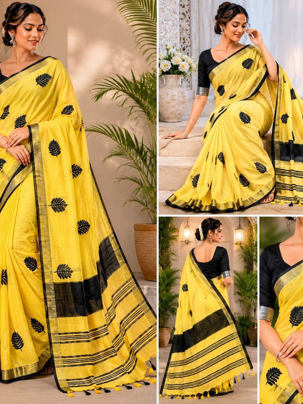 Handwoven Bhagalpuri Linen Blend Embroidered Saree With Contrast Blouse Piece(Yellow_Black) - View 2