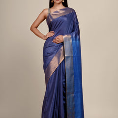 Munga Silk Tussar Blend Bhagalpuri Handloom Moonstone Egyptian Blue & Havlek Blue Saree