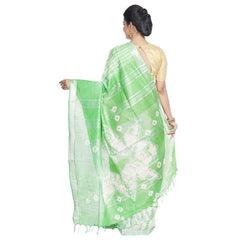 Xanthous Orange & Light Green women's Bhagalpuri Handloom Cotton Linen Slub Blend Tie Two Dye (Sibory Two Dye) Saree With Running Unstitched Blouse Piece - View 3