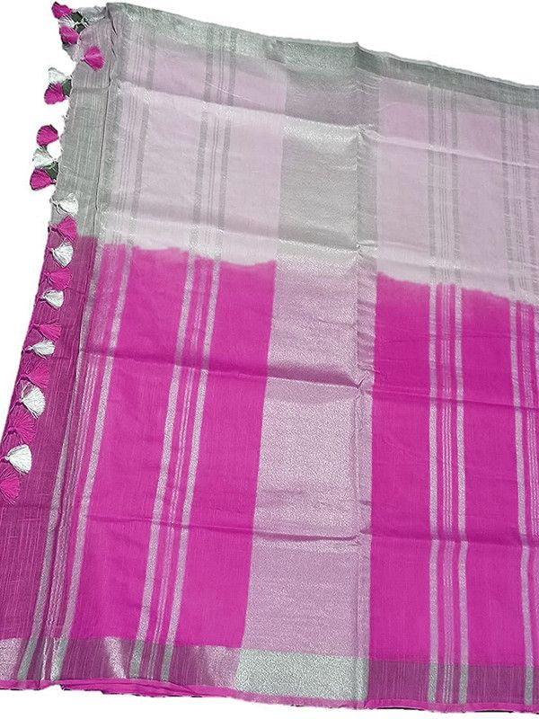 Hollywood Pink women's Bhagalpuri Linen-Slub Blend Two Dye Saree With Blouse Piece - View 2