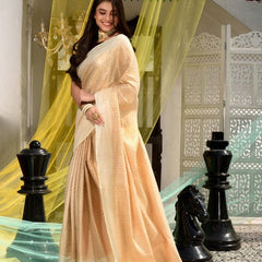 Cotton Tissue Silk Geometric Pattern Designer Saree (Ecru_Beige) - View 3