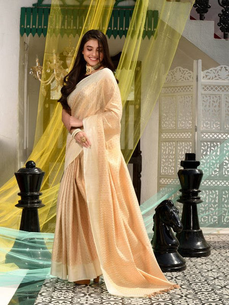 Cotton Tissue Silk Geometric Pattern Designer Saree (Ecru_Beige) - View 3