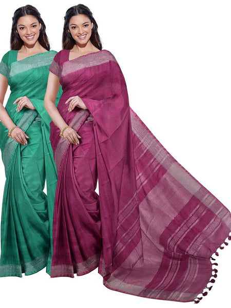 Mint Green & Raspberry Pink women's Bhagalpuri Handloom Cotton-Linen Blend Saree Combo (Pack Of 2) With Running Unstiched Blouse Piece