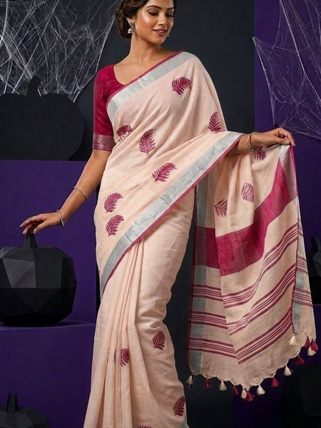 Handwoven Bhagalpuri Linen Blend Embroidered Saree With Contrast Blouse Piece(Cream_Pink)