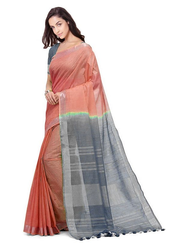 Handloom Bhagalpuri Cotton Linen Blend Two Dye Saree With Running Unstitched Blouse Piece - View 4