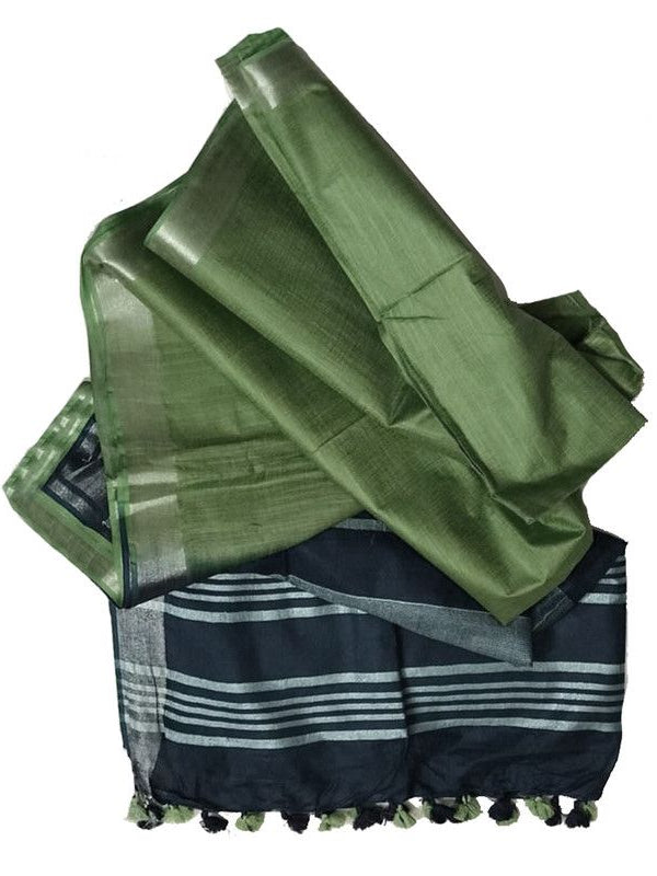 Oxford Blue & Pistachio Green women's Bhagalpuri Ethnic Wear Handloom Cotton Linen Blend Zari Border Two Dye Saree With Running Unstitched Blouse Piece - View 3