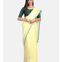 Linen Cotton Blend Contrast Handloom Bhagalpuri Saree (Lime_Yellow-Green)