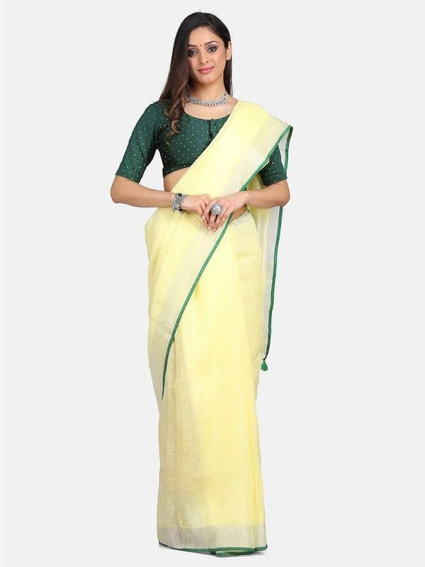 Linen Cotton Blend Contrast Handloom Bhagalpuri Saree (Lime_Yellow-Green)