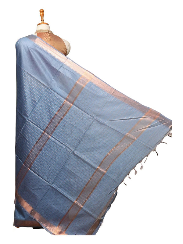 Mangalgiri Cotton Silk Glausious Blue Handloom Check Saree - View 2