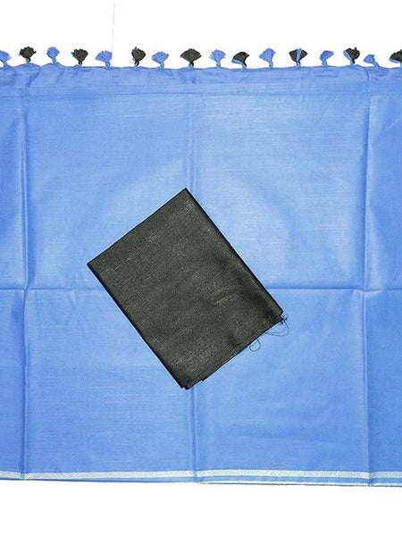 Neon Blue women's Bhagalpuri Blend Linen Saree With Black Pipin Contrast Blouse Piece - View 5