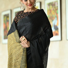 Pure Linen Handloom Ghicha Pallu Dual Color Bhagalpuri Black & Grey Saree - View 5