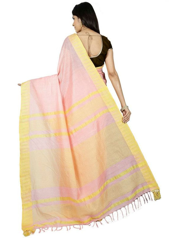 Tea Rose Pink women's Bhagalpuri Handloom Kota Silk Temple Border Saree And Variation Of Colors With Striped Blouse Piece - View 6