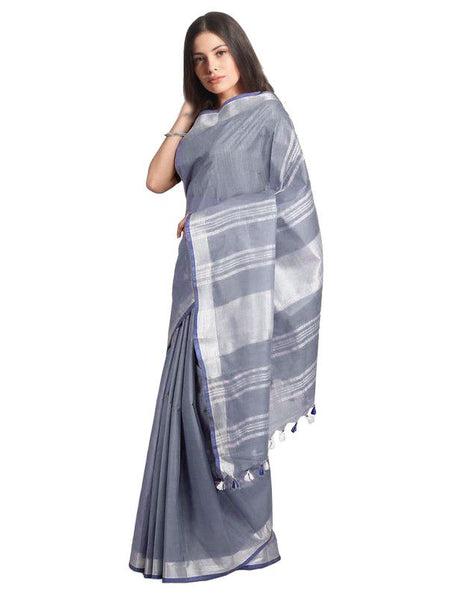 Grey women's Bhagalpuri Handloom Linen-Slub Saree With Contrast Blouse Piece - View 2