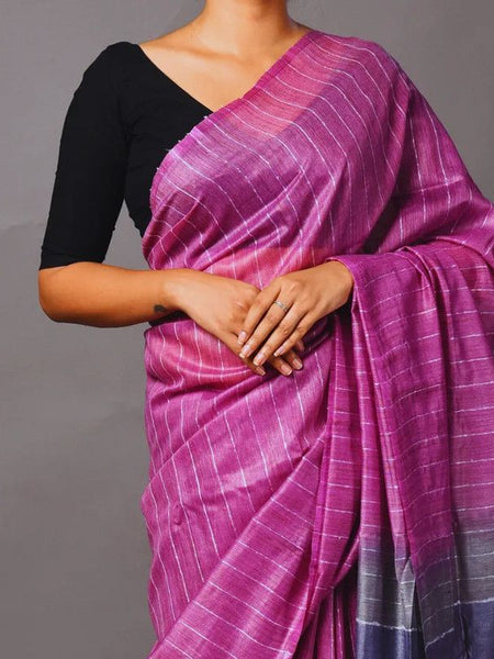 Two Dye Handloom Bhagalpuri Striped Semi Tussar Silk Saree (Madin_Magenta & Martinie_Blue) - View 4