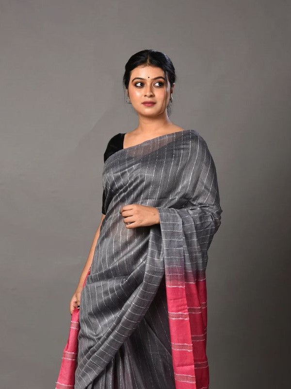 Women's Handloom Two Dye Jute Silk Striped Bhagalpuri Saree (Cerise_Pink & Grey) - View 4
